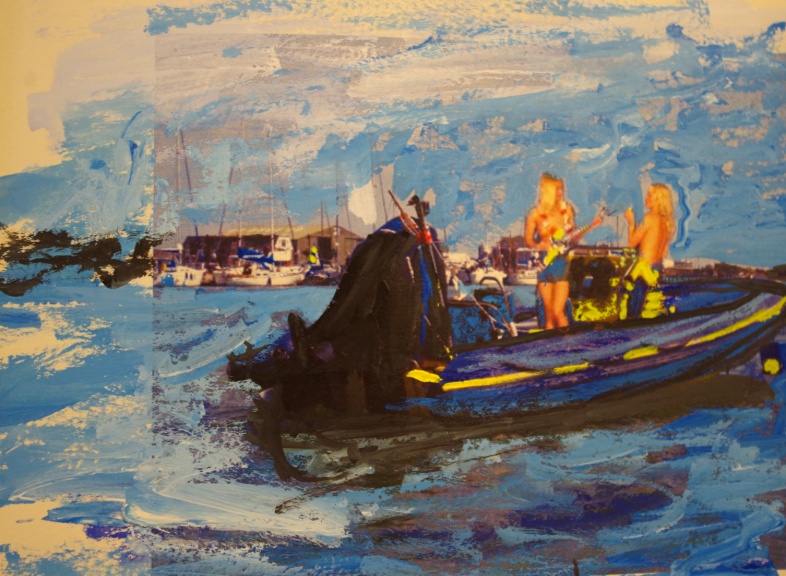 Dance topless on a RIB' Photo painting A4 size 55 framed by BB Bango acrylic on paper. On display  Bembridge. Also postcards available. This picture painted August 2016 i