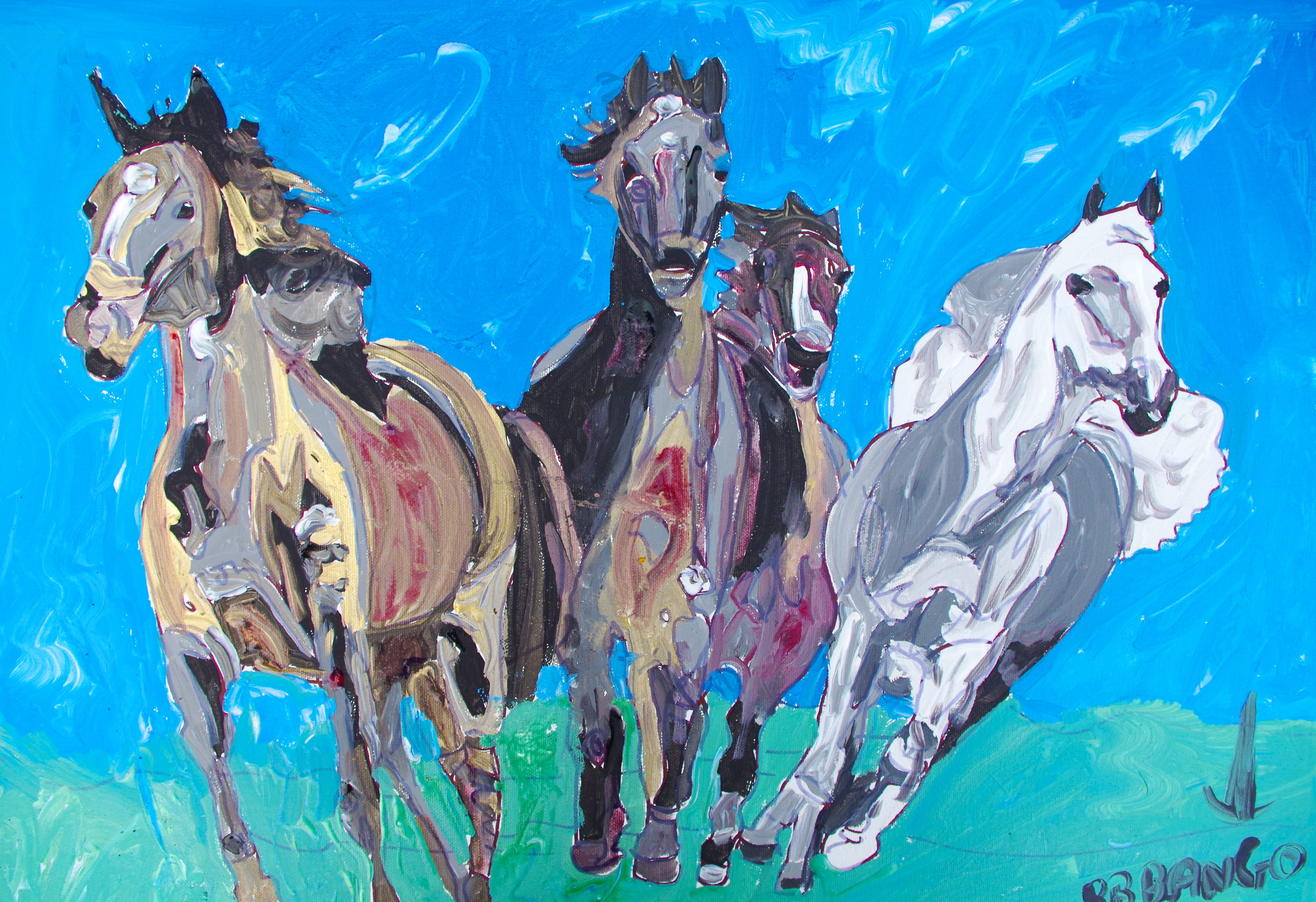 'Four wild horses' by BB Bango 24 by 18 inch acrylic on canvas. Sold to art collector in UK