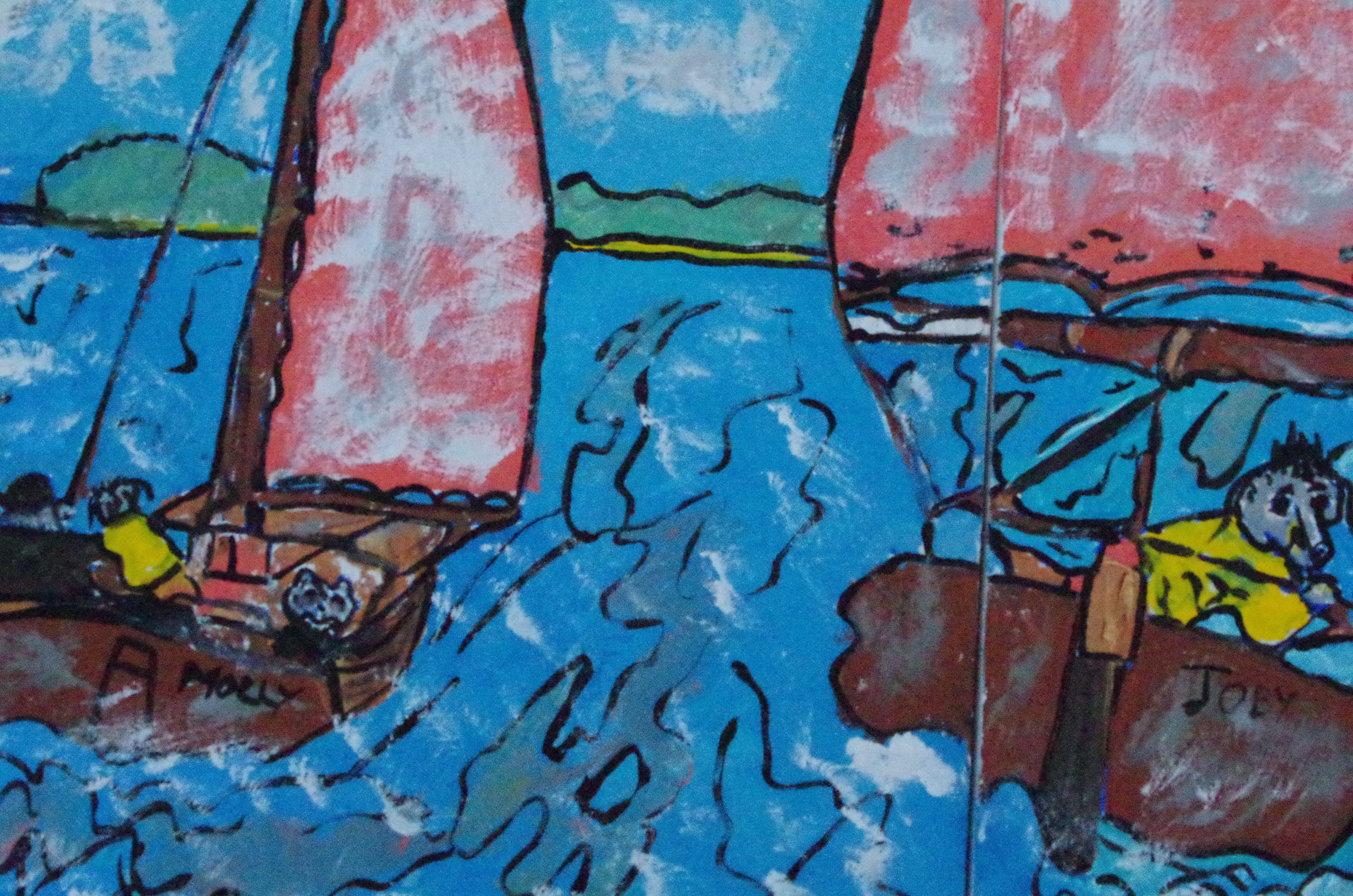 1/3rd of a 'Rupert sails' Triptych by BB Bango. Each 1/3rd 18 by 18inches acrylic on wood block £200 for the three