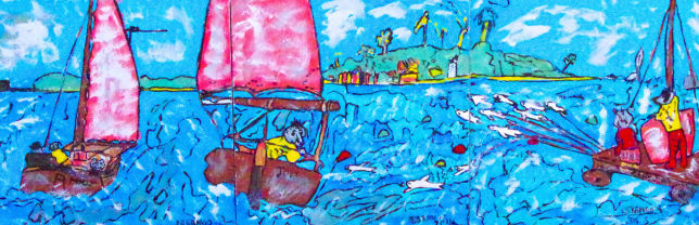 All 3 1/3rds of a 'Rupert sails' Triptych by BB Bango. Each 1/3rd 18 by 18inches acrylic on wood block £200 for the three