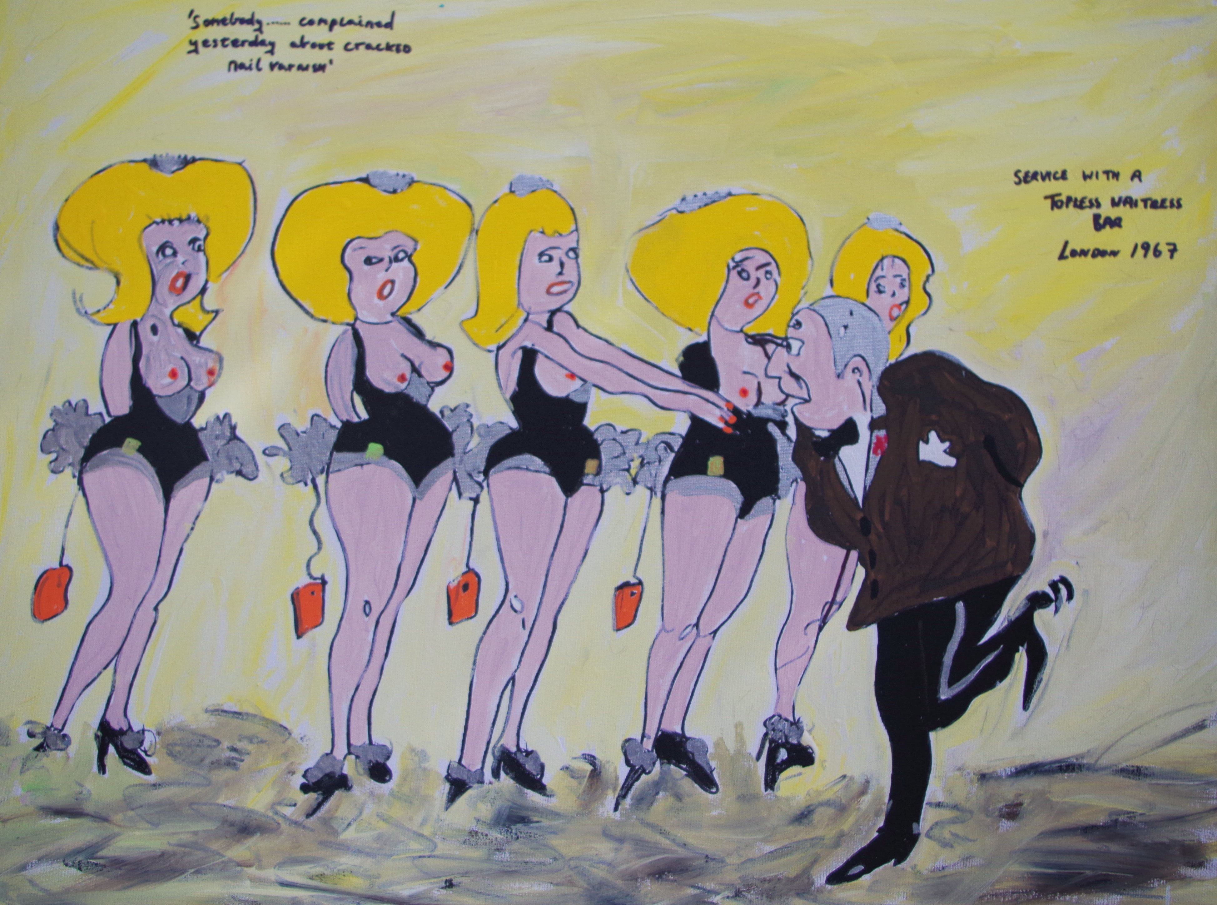 'Nails need touching up' by BB Bango based on cartoon from a 1967 Men Only Magazine 20 by 16 inch acrylic on canvas. Sold to titled art collector in UK