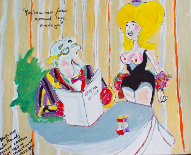 'You're a new face around here aren't you? Topless Waitress in a 60s nightclub based on cartoon from Men Only magazine 1967 Painting by BB Bango 20 by 16inch £60