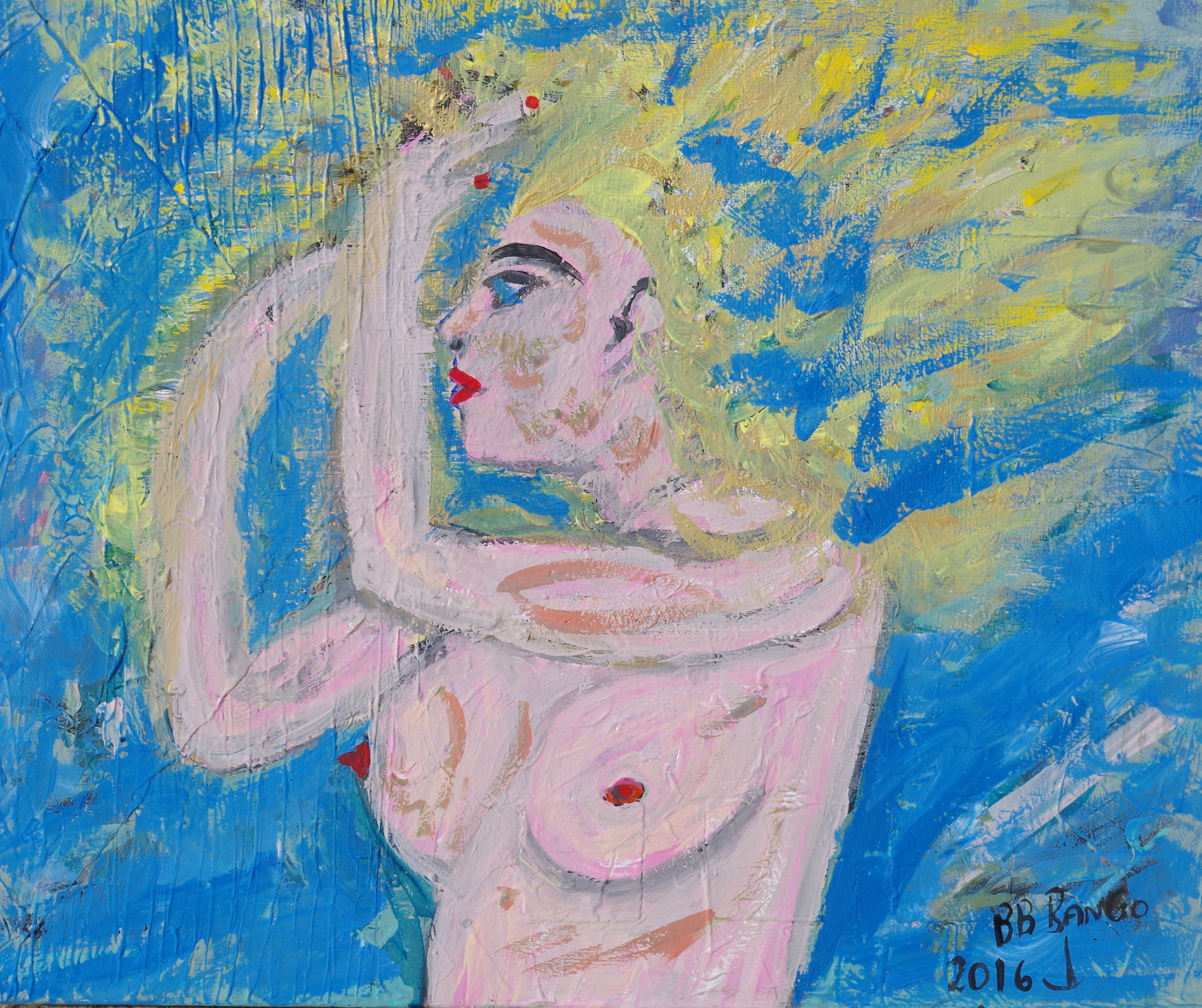 'Windy Hair' by BB Bango based 25 by 25 inch acrylic on canvas. Sold to art collector in UK