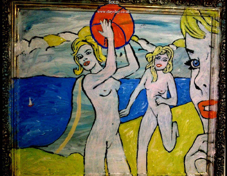 'Beach Nudes' by BB Bango. Acrylic on cardboard 90*60cm £200. Also postcards available. This picture painted 26th March 2013 . Influenced by 'DC Comics Strips from the early 1960 and of course Roy Lichtenstein.