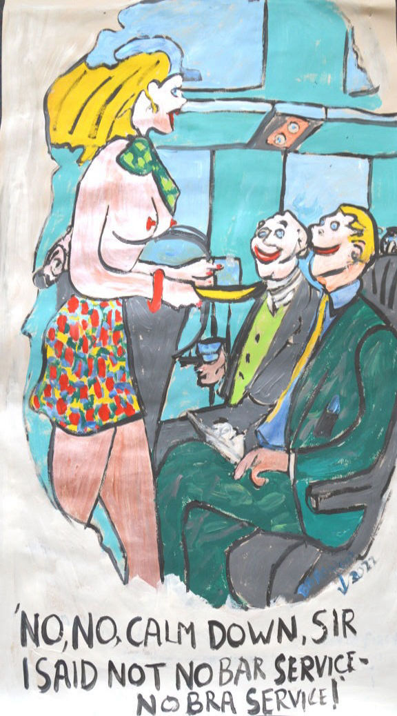 'No bra service' A1 size original poster painting acrylic on paper by BB Bango £60. Also as a post card. SOLD