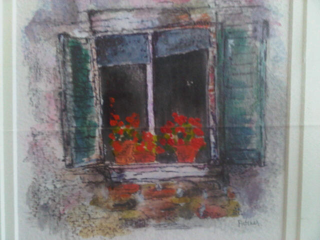Original art. Window using handmade Isle of Wight mini bricks by Liz Fletcher on  display in the Bembridge ClayClay Shop. along with many of her other paintings