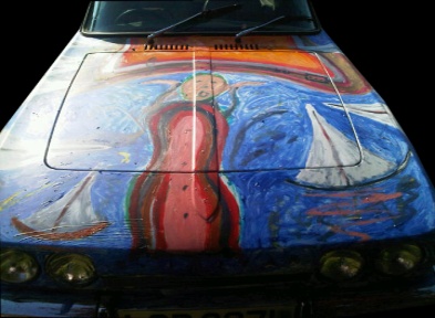 Art Car BB Bango. Sailing Scream by car on Wight. Acrylic on fibreglass. V6 Reliant Scimitar 1972 £1,500 including artwork.