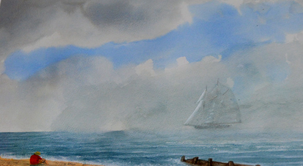 'Ghostly Sails' framed and mounted 30 by 40cm Watercolour on paper by Harry Lawson Johnston £250.One of over 100 original watercolours by HLJ.