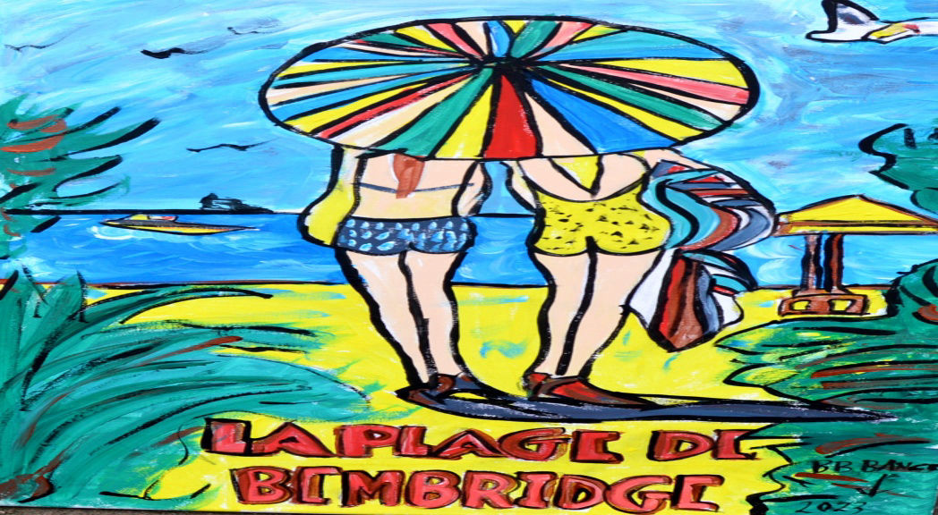 'Plage de Bembridge' Yellow bottoms', Pop Art 39 by 49cm Acrylic on Canvas by BB Bango SOLD