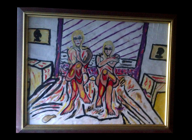 'Abstract Nudes on bed’ Still from 'Eyes' Music video. Painting by BB Bango A4 size acrylic on paper £25