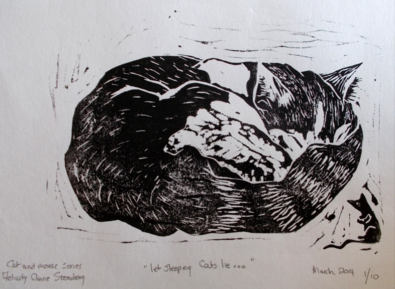 Cat and Mouse - Let Sleeping Cats Lie'  Linocut etching by Felicity Anne Steenberg A4 size 30 and framed for 50.