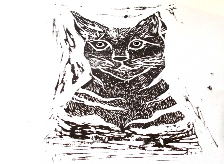 Cat and Mouse - 'Cat'  Linocut etching by Felicity Anne Steenberg A4 size 30 and framed for 50.