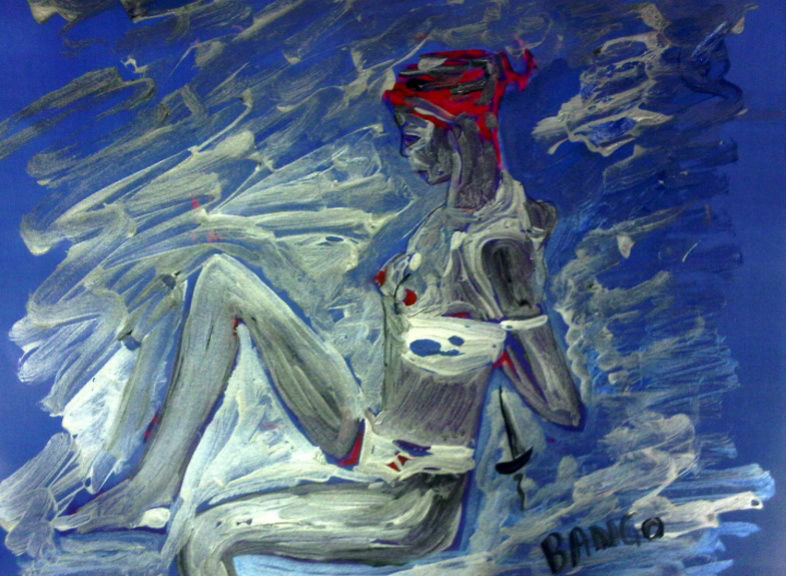 'Blue Nude Bra' by BB Bango. One of a selection of A4 sized acrylic on paper and framed original photo based paintings. Also postcards available. £50