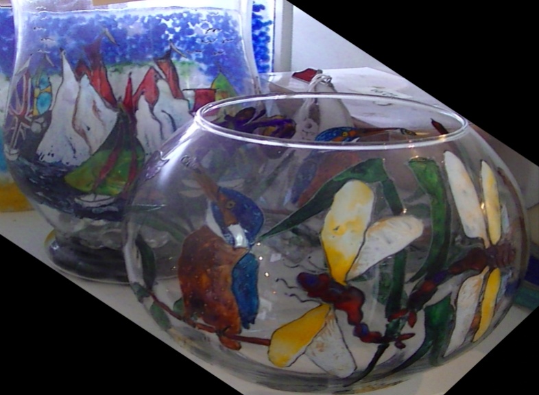 Kym Ridge Glass vases, jars and plates. Paintings onto glass. Not on display in Shop.