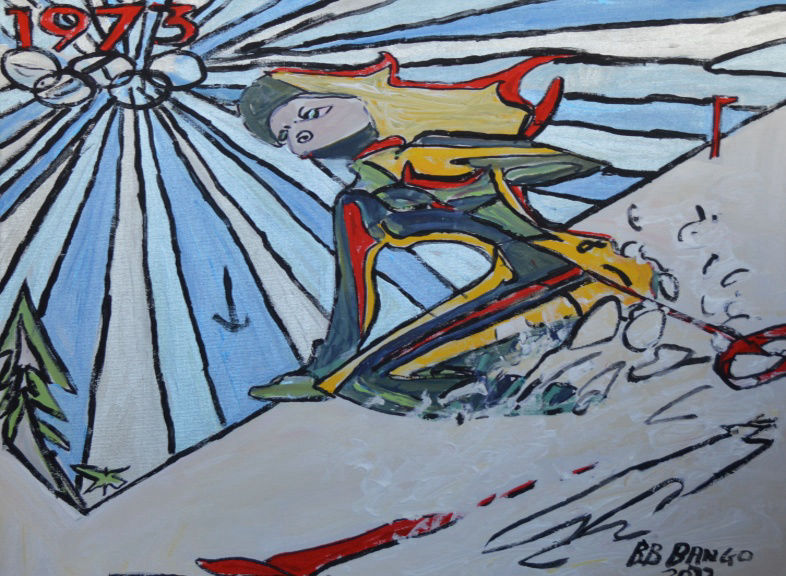 'Ski 1973' 39 by 49cm Acrylic on Canvas by BB Bango Now in Geneva Deli/Gallery - Tout