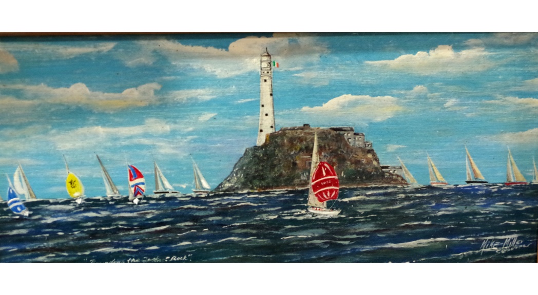 'Rounding the Fastnet Rock' Painting in acrylic on slate  by Mike Miller Seaview Based Artist Framed 15 inches.  On display in Bembridge shop. 100