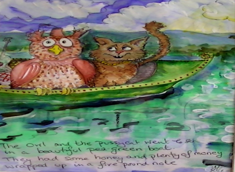 'Owl and the Pussycat' by Kate Gooden Hand painted Print 28*28cm 15. On display ClayClay shop.