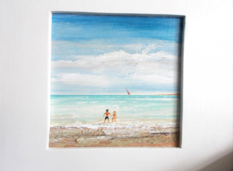 'Seaside' Acrylic in frame painting 18 by 14cm by Mike Miller, Seaview Based Artist in many mediums onto canvas, card and terracotta. On display in Bembridge shop 70