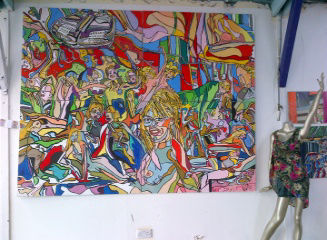 'The Party' on 4 canvasses 8ft by 6ft Acrylic on Canvas by BB Bango One quarter (bottom right) sold and will redo for a new purchaser £600'