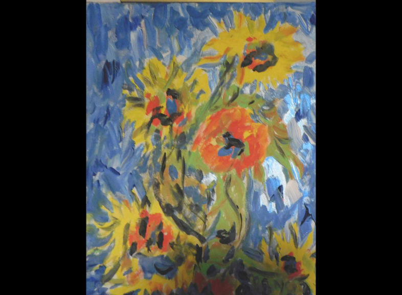  'Sunflowers on blue' Acrylic on canvas 40 by 30cm size by BB Bango £150 