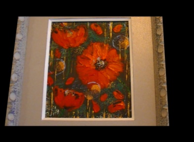 Maureen Lavery. 'Poppies'. Acrylic on canvas . 25 by 19cm . Framed and glass 60. On Display Bembridge Shop.