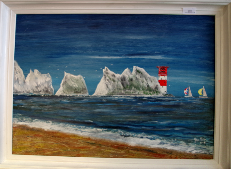 'The Needles' Painting in acrylic and sand  by Mike Miller Seaview Based Artist Framed 24" by 19" On display in Bembridge shop. 200