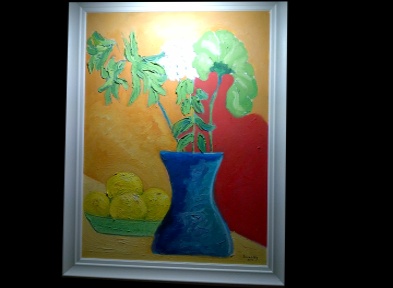 Peter Donnelly Still life 'Lemons and blue vase'  24*18" Oil on board. framed £600. On Display Bembridge Shop
