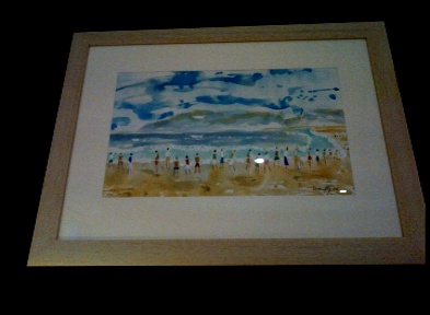 The late Peter Donnelly 'A Beach in South Africa'  14*9" Watercolour on canvas. Framed 175. On Display Bembridge Shop