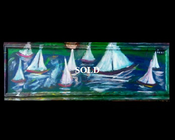 BB Bango.'Solent Sail Boats Oblong' Acrylic on Cardboard and Framed  50" by 17"  75 On display in Bembridge 