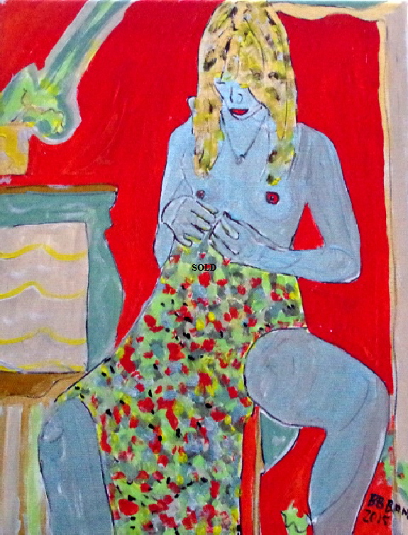 'Blue Girl in dress' by BB Bango. Acrylic on canvas 20 by 16 inches. On display Bembridge Shop  100