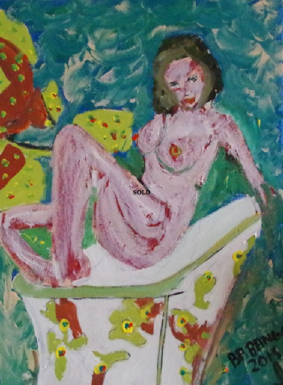 'Lady in dress' by BB Bango. Acrylic on canvas board 20 by 16 inches. On display Bembridge Shop  75