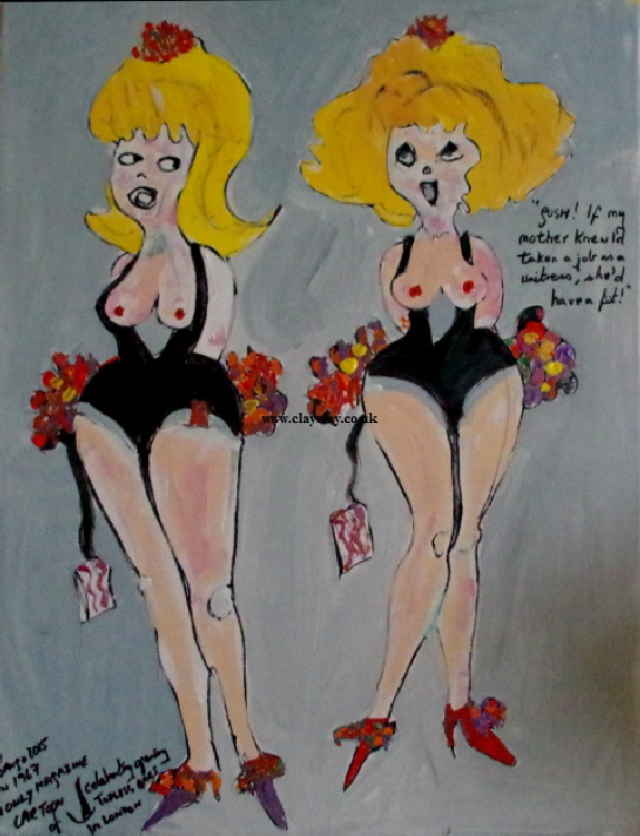 'Topless Bar Gosh' by BB Bango. Acrylic on canvas 24 by 18 inches. Based on Men Only magazine cartoon 1967 on introduction of Topless bars to London. On display Bembridge Shop  110