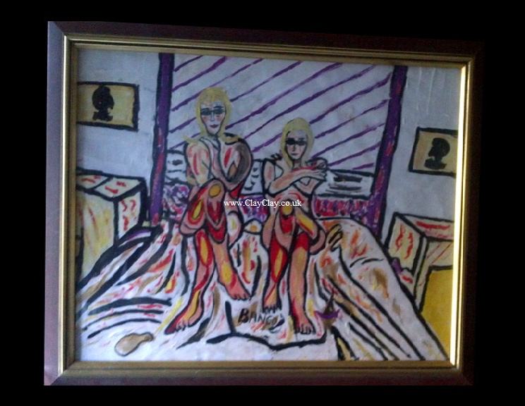 ‘Abstract Nudes on bed’ by BB Bango. Acrylic on Paper.  Framed, glass 29*20cm £40. On display Bembridge shop. Also postcards available. This picture painted 20th April 2013 is based on an ‘EspadaRolls’ Glamour model photo shoot for the ‘Tacky..... Original Music’ music videos.