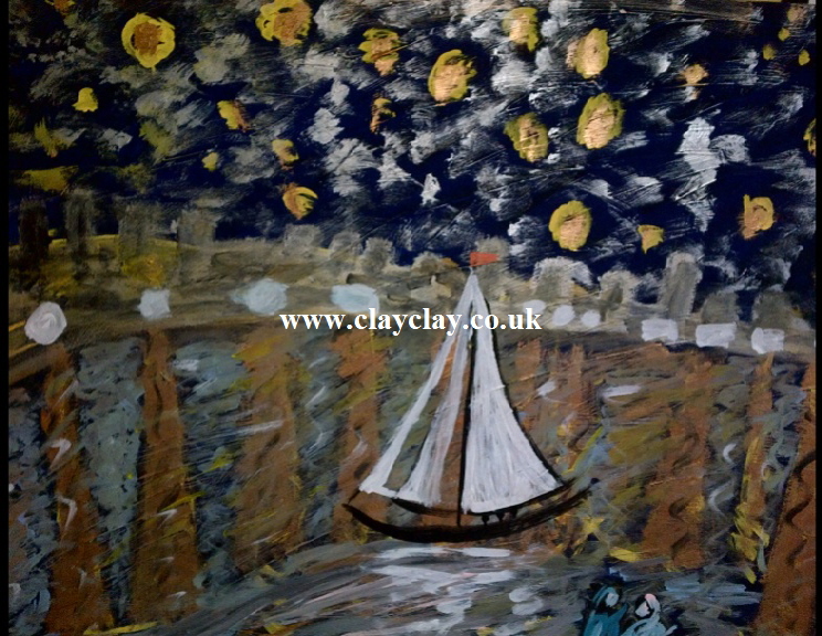 Starry Bembridge Harbour by BB Bango. Acrylic on canvas.  90*60cm 115. Also postcards available. This picture painted 8th April 2013 is influenced by Vincent Van Gogh.