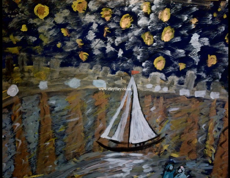 Starry Bembridge Harbour by BB Bango. Acrylic on canvas.  90*60cm £115. Also postcards available. This picture painted 8th April 2013 is influenced by Vincent Van Gogh.