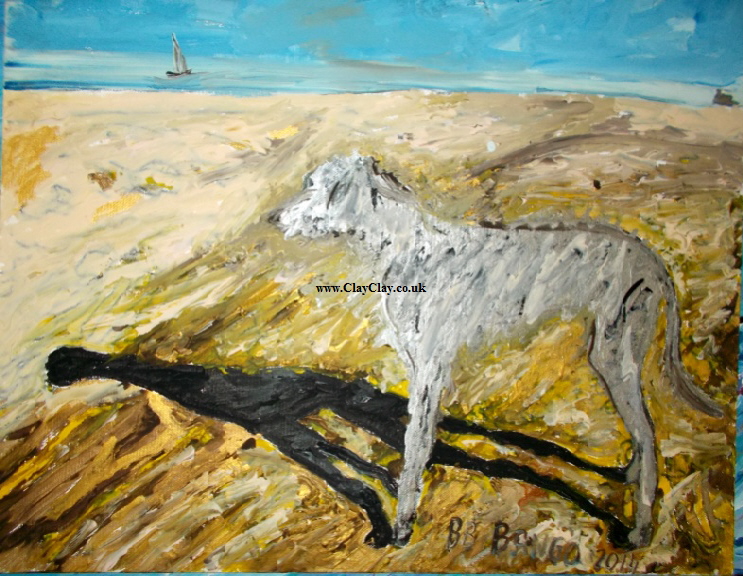 'Dog on Beach'  by  BB Bango Acrylic 20*16"  on canvas board 75. On display Bembridge Shop