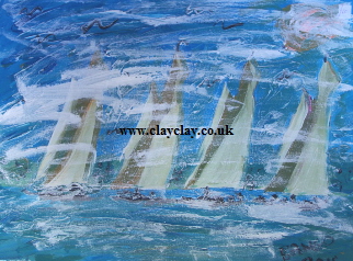 'Five Brown White Sails' 20 by  16 inches by BB Bango. July 31st 2015 Acrylic on canvas. On display Bembridge Shop 45