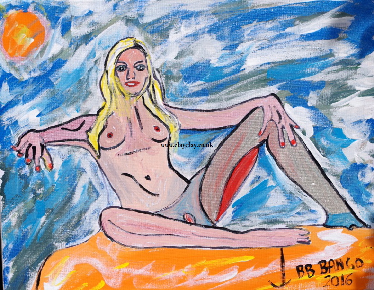 Reclining nude by BB Bango. Now changed so not like this. Acrylic on canvas.30*20cm 100. On display  Bembridge. Also postcards available. This picture painted 28th July 2016 i