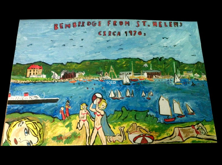 'Bembridge from St Helens circa 1970s ' by BB Bango. Acrylic on Paper. Framed and glass.  75*50cm SOLD.  Also lenticular animation postcards available. This picture painted 17th April 2013 shows some of Bango's influences and likes -  Roy Lichtenstein, Pablo Picasso,  sailing, Queen Mary Liner.