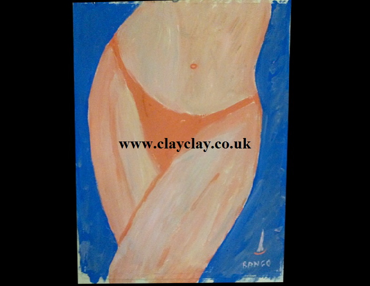 Bikini by BB Bango. Acrylic on paper Framed and glass.  40*30cm 40. On display Bembridge shop. Also postcards available. This picture painted 3rd April 2013 is influenced by Chuck Miller. 