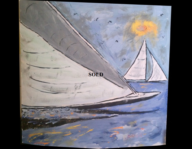 Racing Yachts by BB Bango. Acrylic on Card,  Framed and glass  70*60cm SOLD. Also postcards available. This picture was painted 2nd May 2013 
