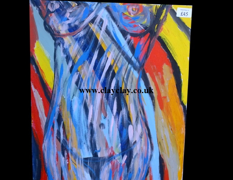 'Colourful Nude' by BB Bango. Acrylic on canvas.  40*50cm 45. On display Bembridge shop. Also postcards available. This picture painted 3rd April 2013 is influenced by Ana Maria Edulescue. 