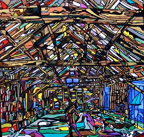 'Dutch Barn 2' by  BB Bango. One of a series of large canvases depicting Barns with many hidden images. Acrylic on canvas.  900 by 1200mm. Also postcards available. This picture was painted in January 2014  and is on display at Big Art 600 .