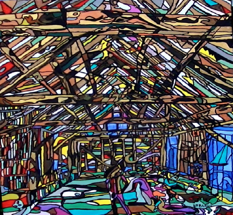 'Dutch Barn 2' by  BB Bango. One of a series of large canvases depicting Barns with many hidden images. Acrylic on canvas.  900 by 1200mm Framed. Also postcards available. This picture was painted in January 2014  and will be on display (From 27/5/2015) at The Llewellyn Alexander Gallery in Waterloo London  £1,250 .This picture was submitted to the Royal Academy Summer Exhibition 2015, but not shortlisted
