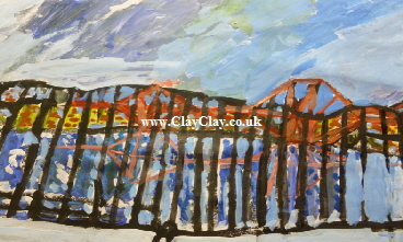 'Forth Bridge.' A painting by BB Bango. A3 size Acrylic on paper. On display in Shop.