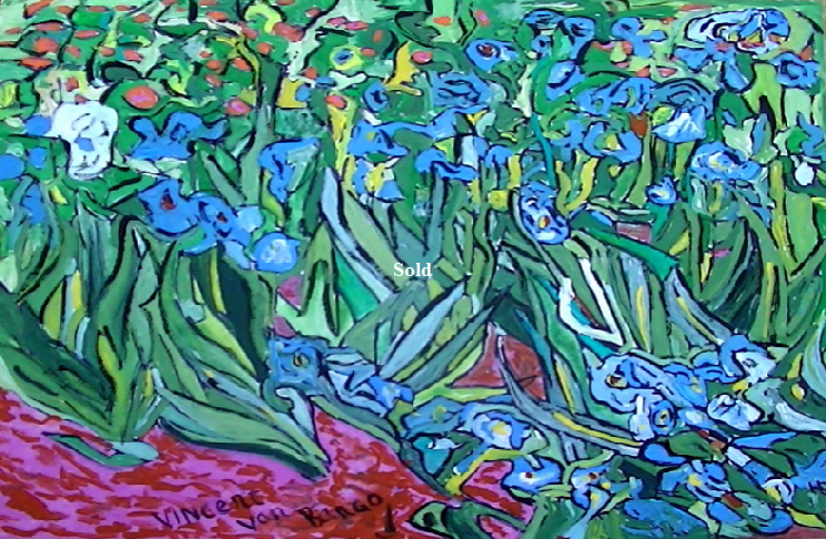 'Wight Irises 22" by 18 " acrylic on canvas board Painting by Vincent Van Bango. 100 On display in Bembridge