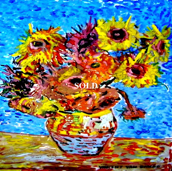 Sunflowers by Vincent Van Bango Acrylic on glass. framed   70*60cm  SOLD. Also postcards available. This picture was painted 7th May 2013 