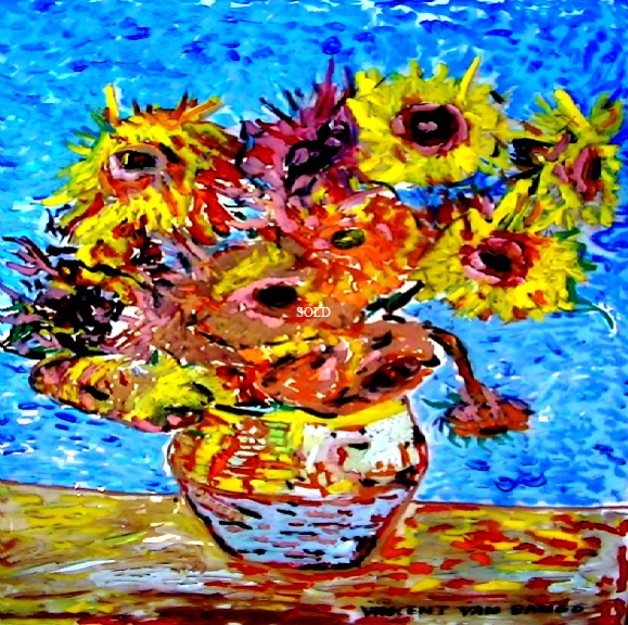 ‘Sunflowers’ by Vincent Van Bango’ Acrylic on glass. framed   70*60cm  SOLD. Also postcards available. This picture was painted 7th May 2013 
