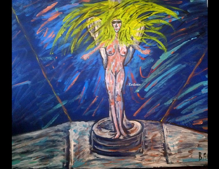 ‘The Flying Lady’ by BB Bango. Acrylic on canvas.  90*60cm £85. On display Big Art. Also postcards available. This picture painted 8th April 2013 is based on an ‘EspadaRolls’ Glamour model photo shoot for the ‘Tacky..... Original Music’ music videos and depicts a series of nude models posing as  the Flying Lady on a Rolls Royce bonnet