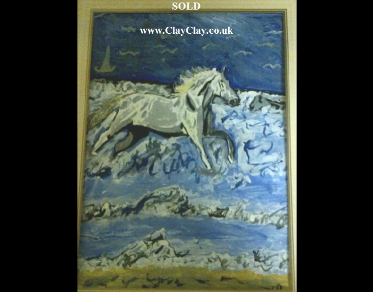 Horse loving the wave breakers by BB Bango. Acrylic on paper, framed and glass.  40*30cm SOLD.  Also postcards available. This picture was painted 24th April 2013 